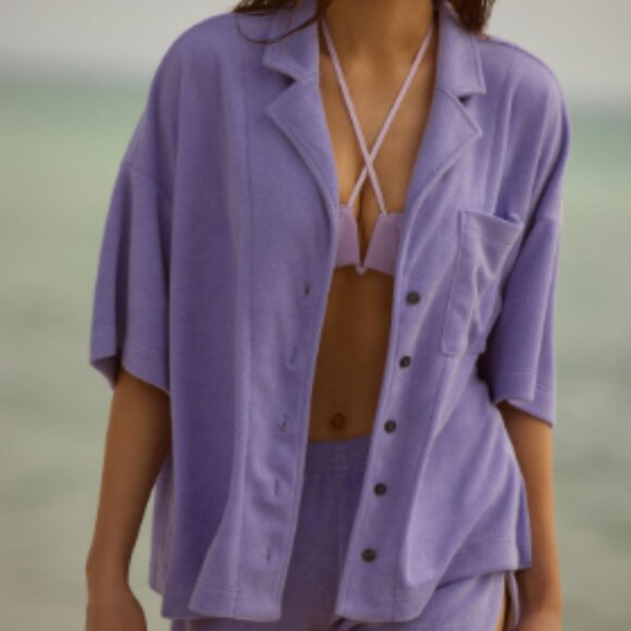 Brand New By Anthropologie Short-Sleeve Terry Buttondown Surf Shirt - Picture 4 of 5